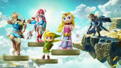 The Tears of the Kingdom poster background with four of the Zelda Amiibos in front of it