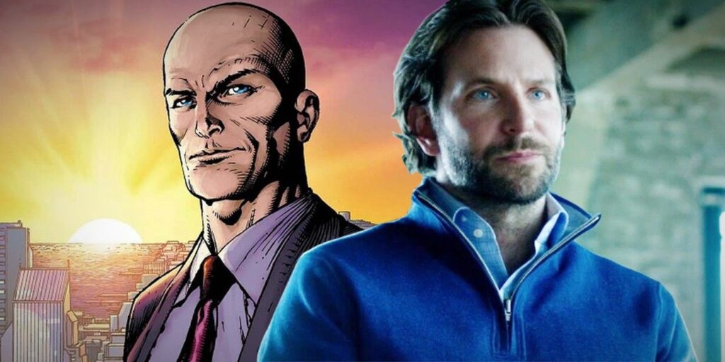 Bradley Cooper and a DC comic illustration of Lex Luthor