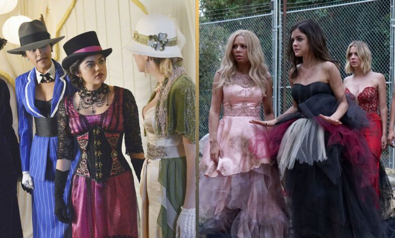 A split image features the liars in costumes and the liars with Mona in tattered prom dresses in Pretty Little Liars
