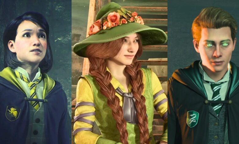 Images of Poppy Sweeting, Professor Garlick, and Ominis Gaunt from Hogwarts Legacy.