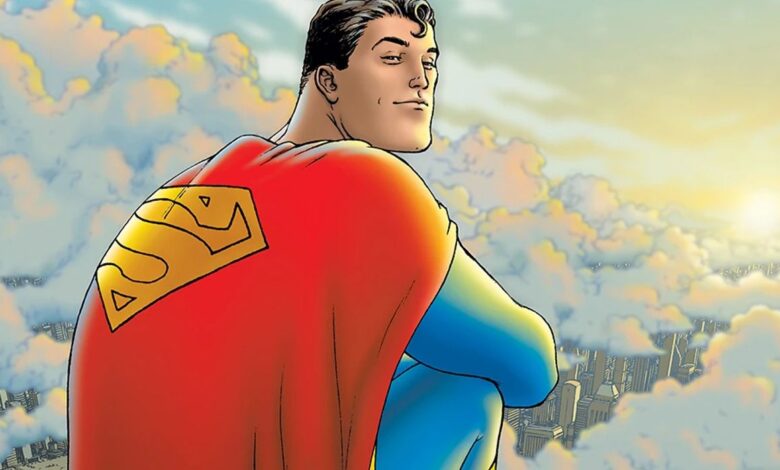 Official artwork from the All-Star Superman comics featuring Clark Kent sat above the clouds of Metropolis.