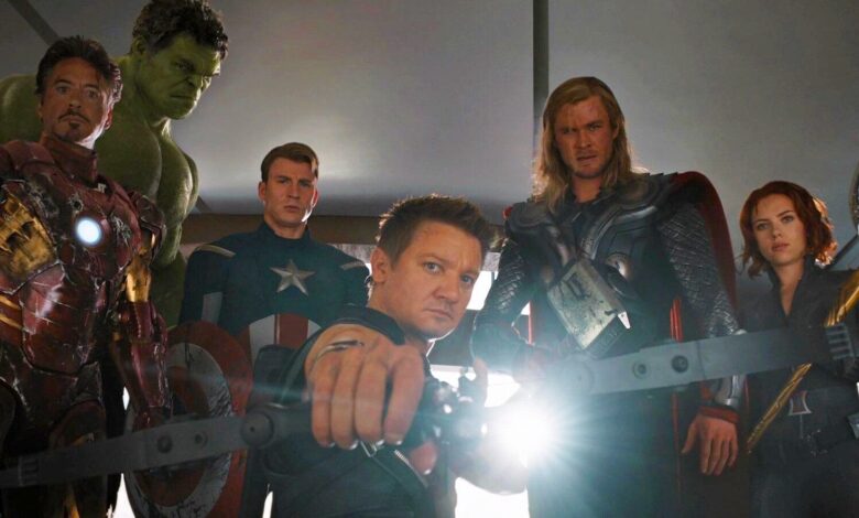 Team shot of the Avengers looking at the camera from after Hulk beats up Loki in 2012'x The Avengers.