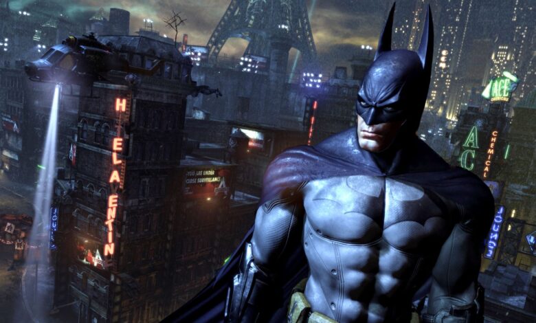 Batman standing in front of the Arkham City skyline.