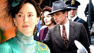Blended image of Carrie Coon in The Gilded Age and Matthew Rhys as a lawyer in Perry Mason