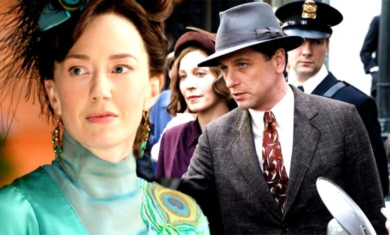 Blended image of Carrie Coon in The Gilded Age and Matthew Rhys as a lawyer in Perry Mason