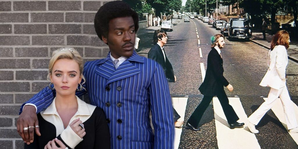 Blended image of Ncuti Gatwa and companion in 60s clothing in Doctor Who and the Beatles walking through Abbey Road