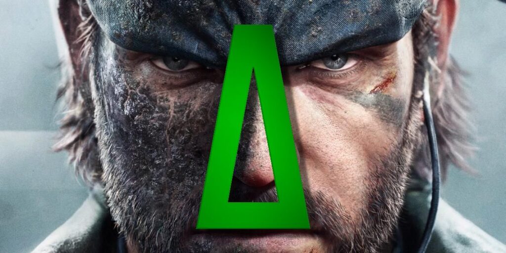 A closeup of Naked Snake/Big Boss in Metal Gear Solid Delta: Snake Eater with the green delta logo superimposed over his face.