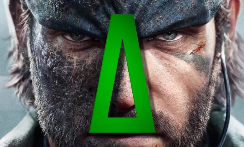A closeup of Naked Snake/Big Boss in Metal Gear Solid Delta: Snake Eater with the green delta logo superimposed over his face.