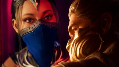 Kitana and Scorpion from Mortal Kombat 1's trailer, edited together. Kitana is looking toward and past the camera, while Scorpion is glancing over his shoulder with back turned.