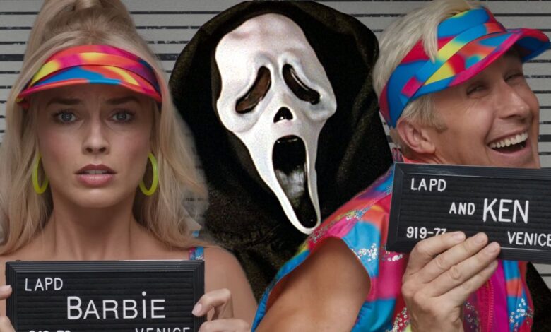 Barbie and Ken Mugshots with Ghostface Behind Them