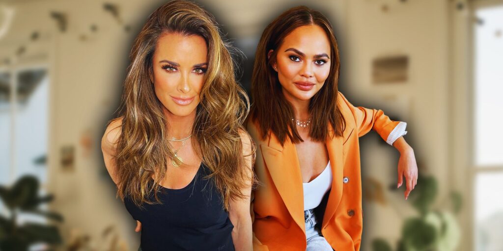 TV personality Chrissy Teigen and RHOBH's Kyle Richards looking at camera