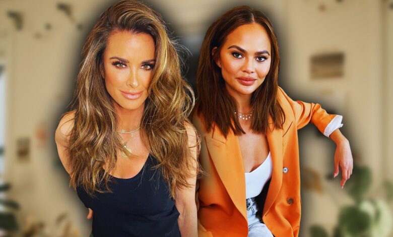 TV personality Chrissy Teigen and RHOBH's Kyle Richards looking at camera