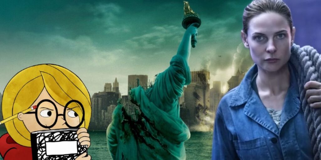 A composite image of Harriet the Spy, Cloverfield, and Silo from Apple TV+