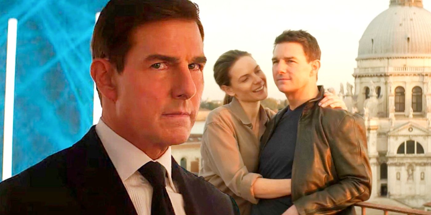Tom Cruise as Ethan in Mission: Impossible 7 juxtaposed with an image of him with Rebecca Ferguson's Ilsa.