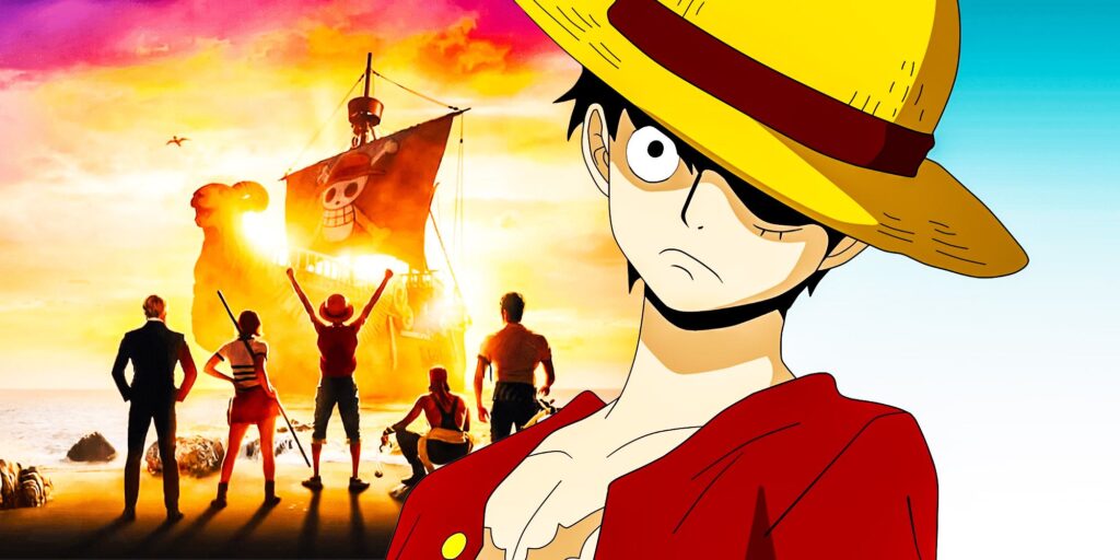 Anime Luffy overlayed over a promotional image of the Straw Hat Pirates from the One Piece live-action adaptation