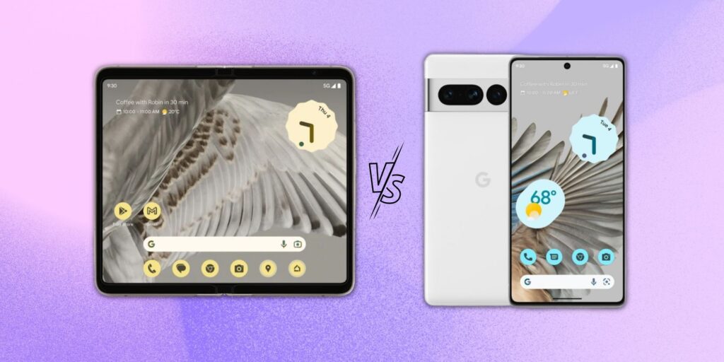 Image of the Pixel Fold and Pixel 7 Pro side by side on a gradient background