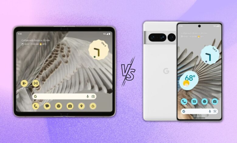 Image of the Pixel Fold and Pixel 7 Pro side by side on a gradient background
