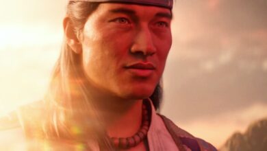 Liu Kang in the Mortal Kombat 1 trailer, with a bright sunset behind him.
