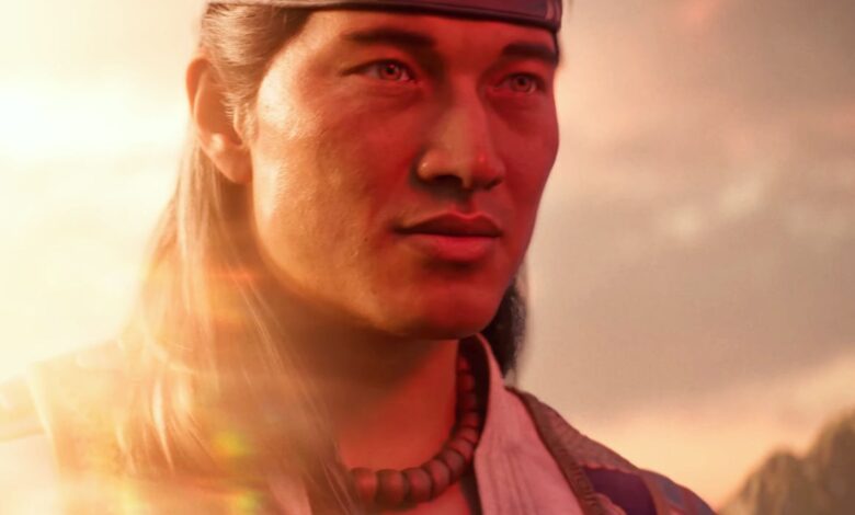Liu Kang in the Mortal Kombat 1 trailer, with a bright sunset behind him.