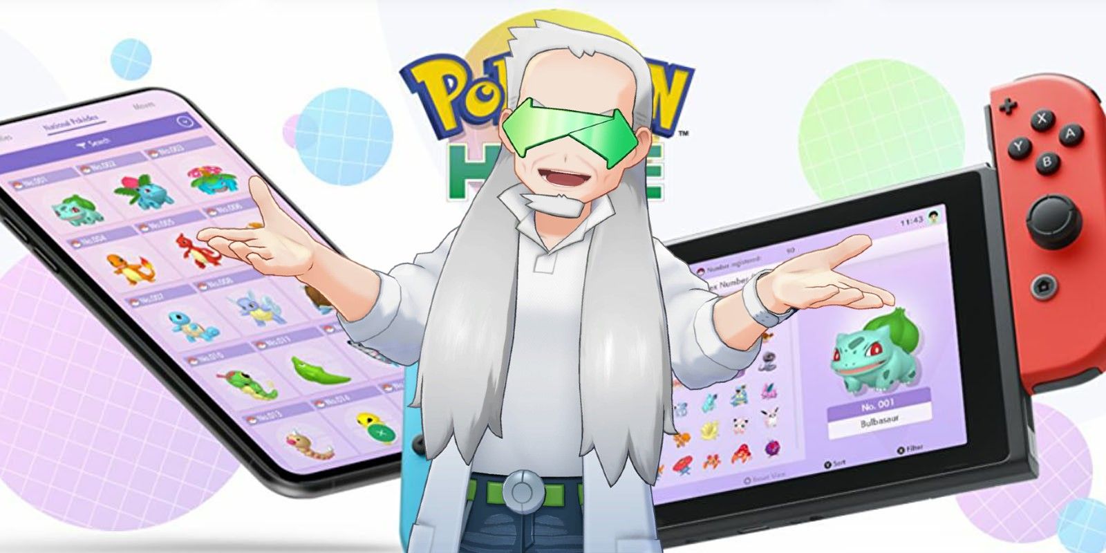 Pokémon Home promotional image with a sprite of Grand Oak in the foreground.