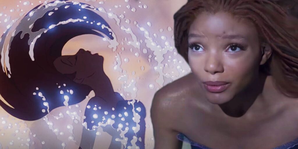 Ariel iconic hair flip next to Halle Bailey in The Little Mermaid