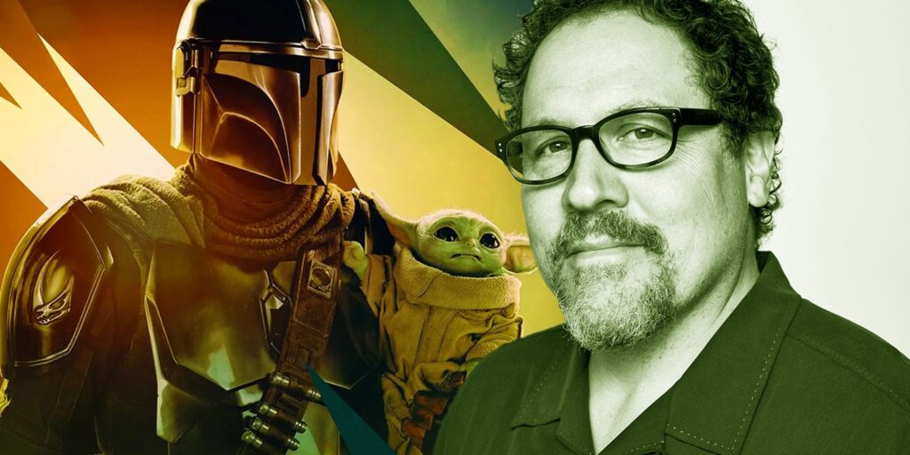The Mandalorian season 3's character poster next to Jon Favreau