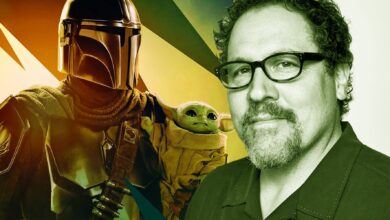 The Mandalorian season 3's character poster next to Jon Favreau