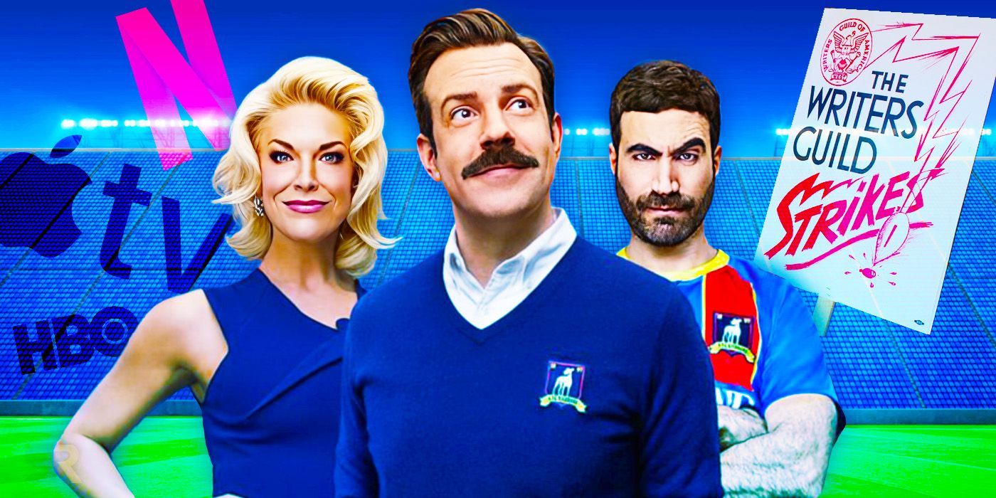 Characters from Ted Lasso with TV logos and a placard reading