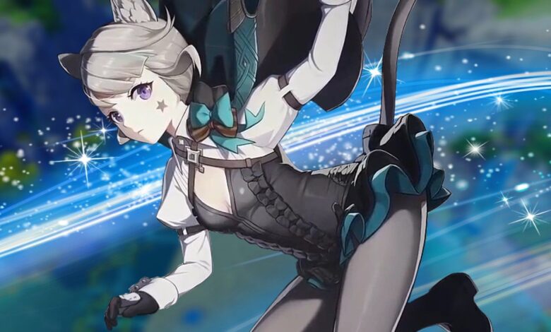 Genshin Impact's Lynette poses in the middle with a light blue energy stream behind her.