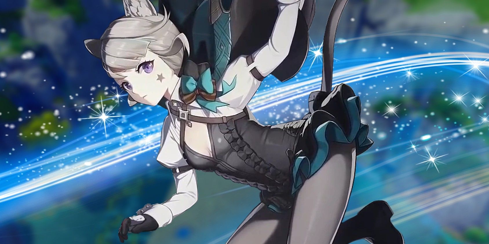 Genshin Impact's Lynette poses in the middle with a light blue energy stream behind her.