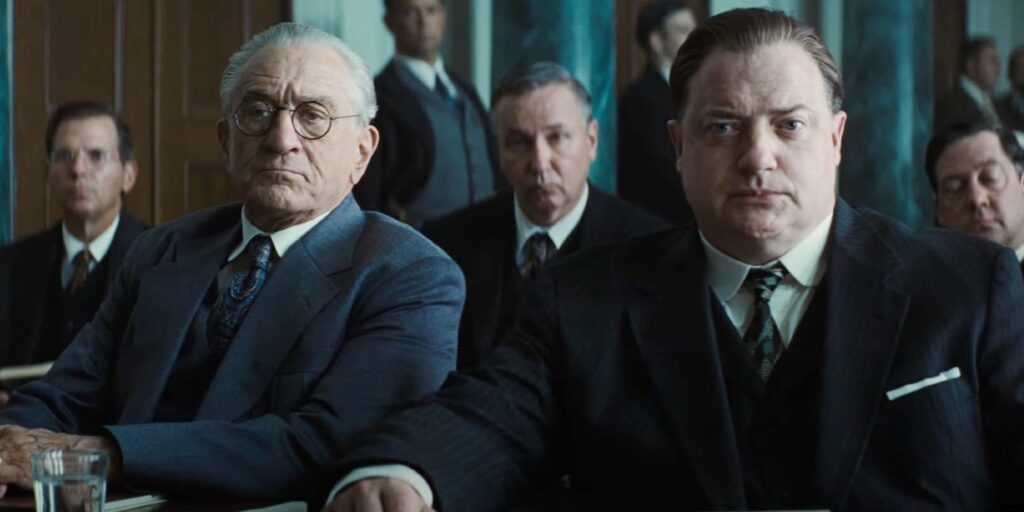 Robert De Niro as William Hale and Brendan Fraser as W. S. Hamilton in Killers of the Flower Moon