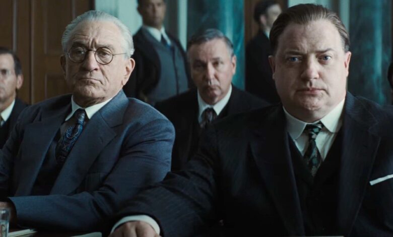 Robert De Niro as William Hale and Brendan Fraser as W. S. Hamilton in Killers of the Flower Moon