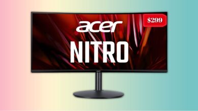 34-inch Acer Nitro curved gaming monitor over a gradient background