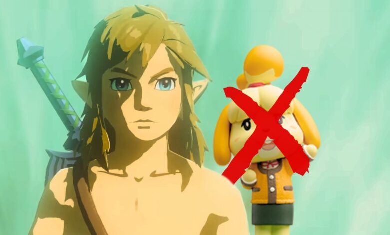 Link from Tears of the Kingdom looking angry, his face obscured with shadow. An Isabelle Amiibo from Animal Crossing is on his right with a large red X on her face.