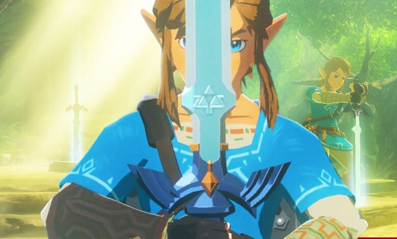 In the foreground, Breath of the Wild's Link holds the Master Sword pointing upward in front of his face. In the background, Link pulls the Master Sword from its pedestal in the lush Korok Forest.