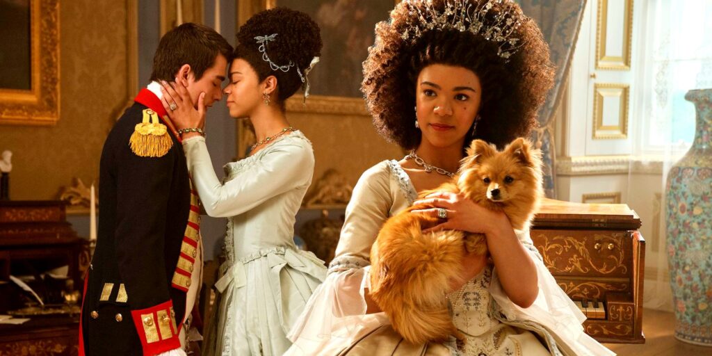 Queen Charlotte and King George next to Charlotte and her dog
