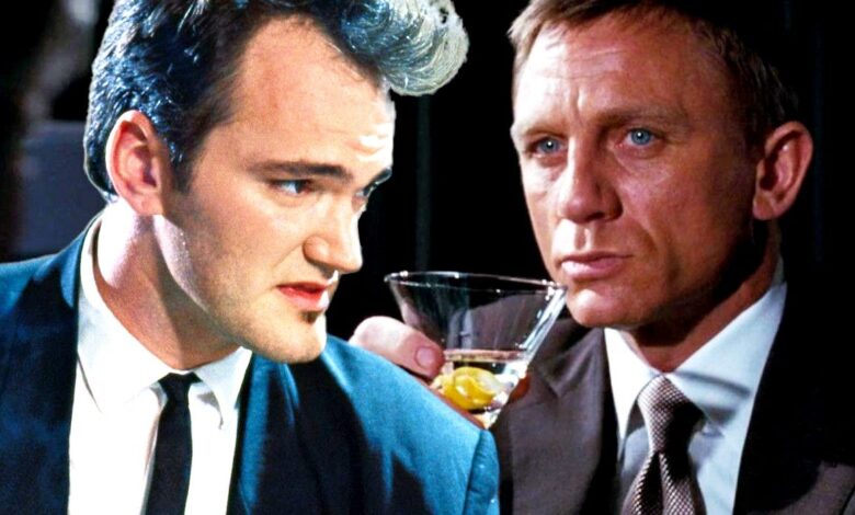 Blended image of Quentin Tarantino from Pulp Fiction and James Bond holding a martini in Casino Royale