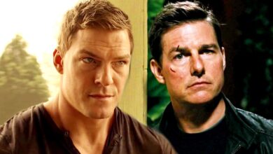 Blended image of Alan Ritchson as Jack in Reacher and Tom Cruise leaning against the door in Jack Reacher