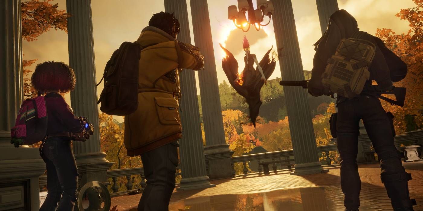 Redfall Multiplayer Three Friends Taking on a Boss Promotional Game Screenshot