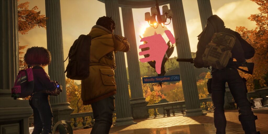 A screenshot of three characters pointing their weapons at a floating vampire in Redfall. The vampire has been overlaid with Steam's red