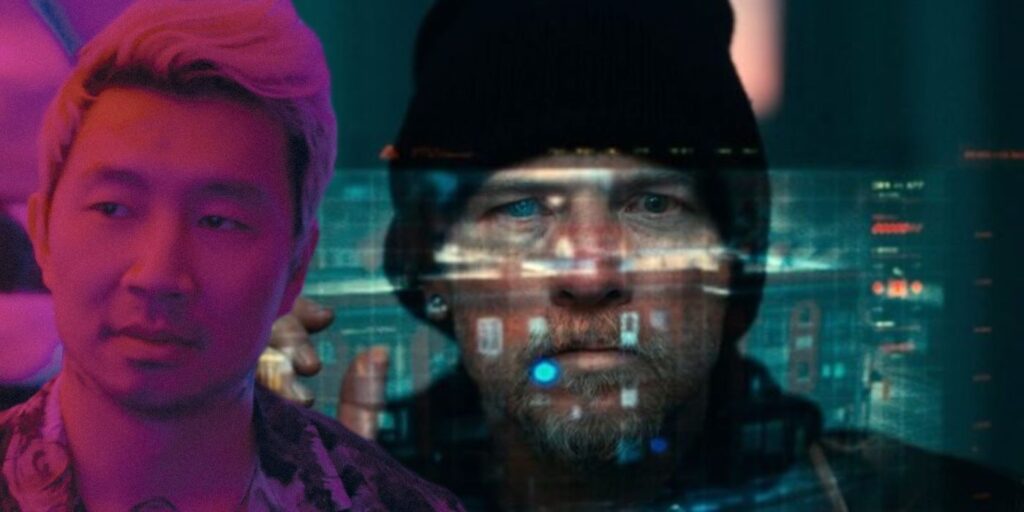 A composite image of Simu Liu and Sam Worthington from Simulant