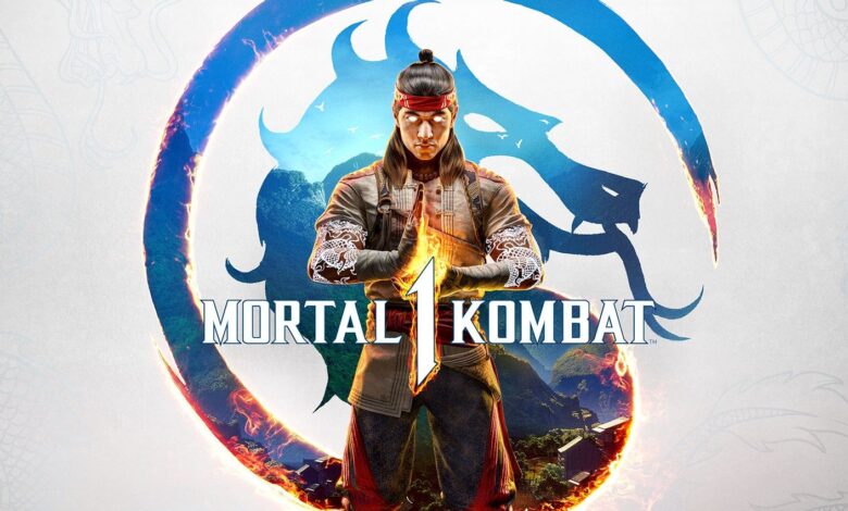 Mortal Kombat 1's official key art, featuring Liu Kang posing with his eyes glowing a bright white light, in front of the Mortal Kombat logo.