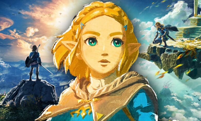Princess Zelda in the foreground, with one Link looking at the horizon and another looking down from a floating landmass in the background.