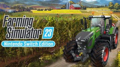 Farming Simulator 23 artwork. A tractor is driving down a track next to a field of crops.