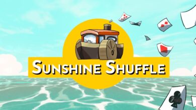 Sunshine Shuffle logo over some water with playing cards to the side