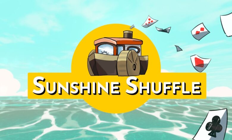 Sunshine Shuffle logo over some water with playing cards to the side