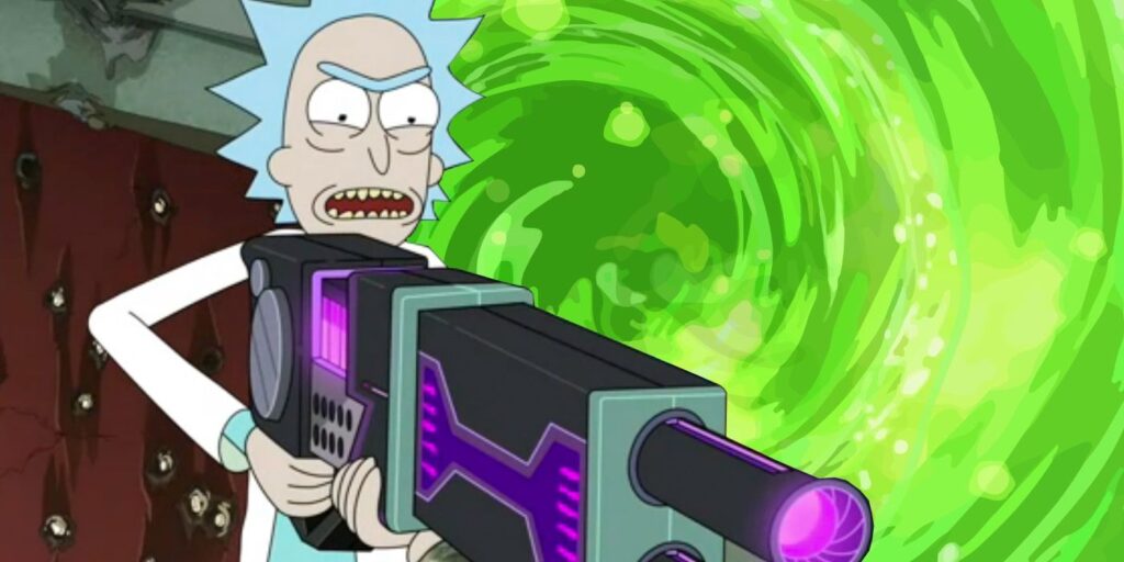 Rick Sanchez and his new gun in Rick and Morty Season 6