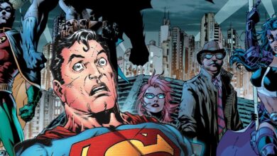 A shocked Superman in the foreground, with the assembled Bat-Family behind him