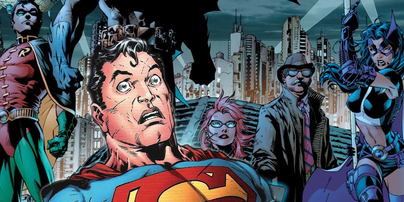A shocked Superman in the foreground, with the assembled Bat-Family behind him