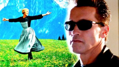 Blended image of Arnold Schwarzenegger from the Terminator and Julie Andrews poster from Sound of Music